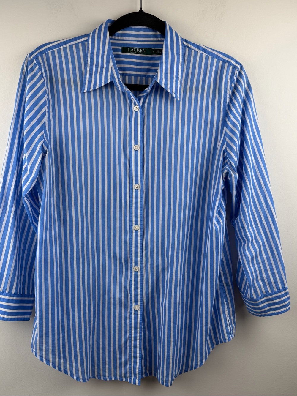 Lauren Ralph Lauren Blue White Stripe 3/4 Sleeve 100% Cotton Shirt Womens Sz M